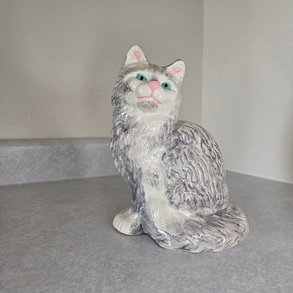Other - Vintage Ceramic Cat Figurine Gray White Aqua Pink Cat Lover‎ Decor Cute Kitten